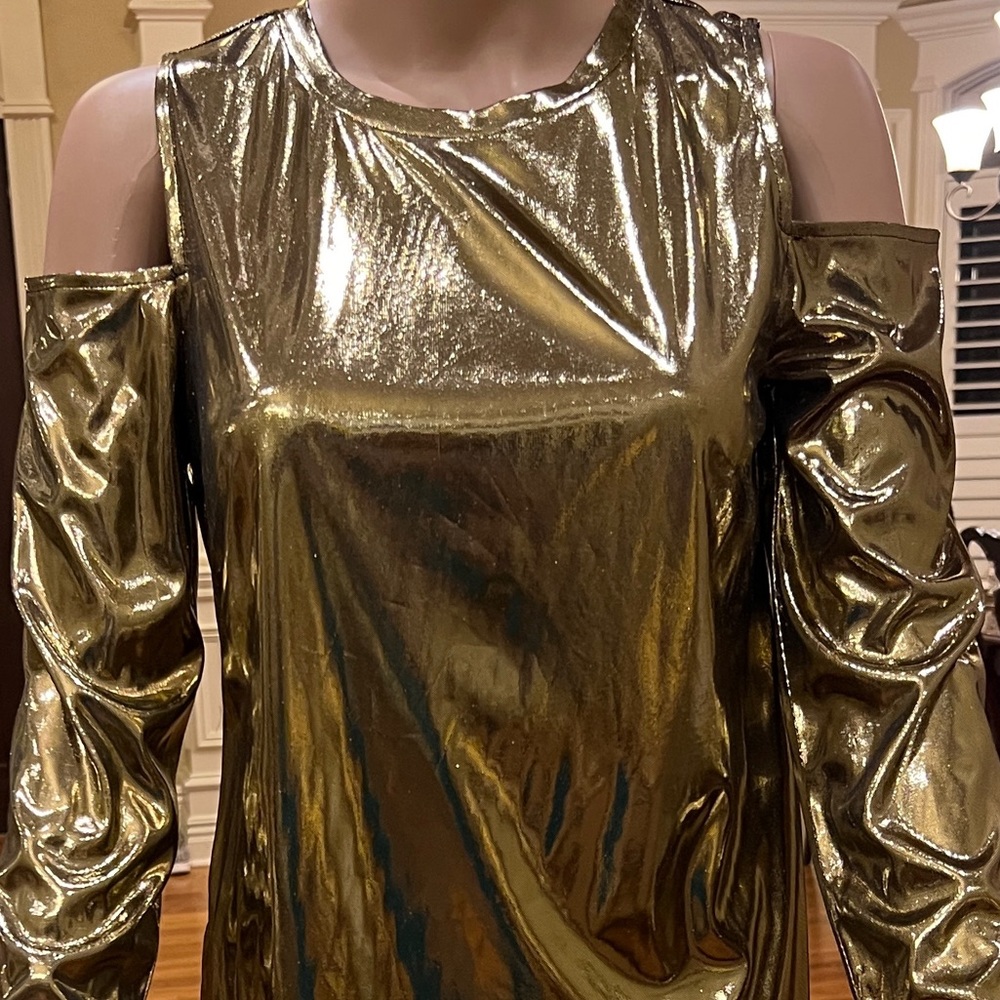Michael Kors Shoulder off Sleeves Foil Knit Blouse.shiny/ shimmery , sleek.new
